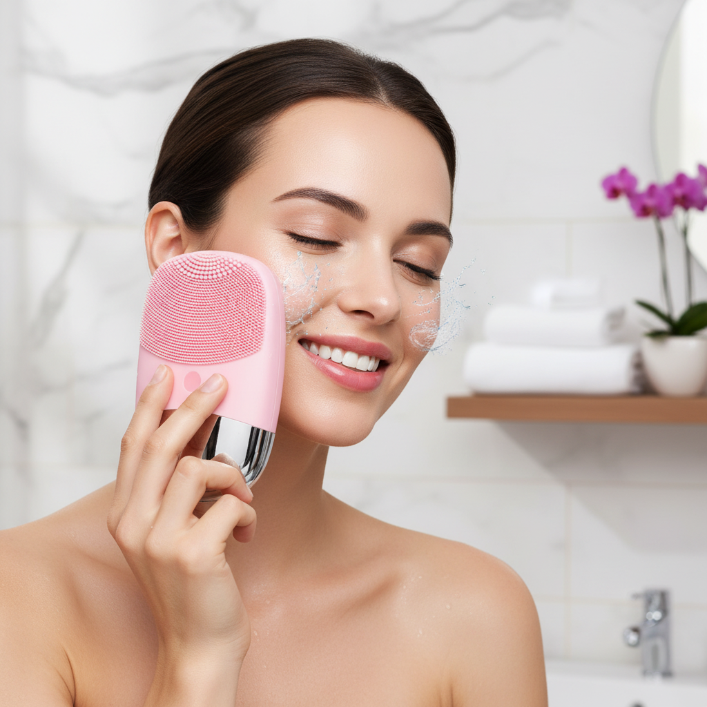 Model Using Facial Cleansing Brush